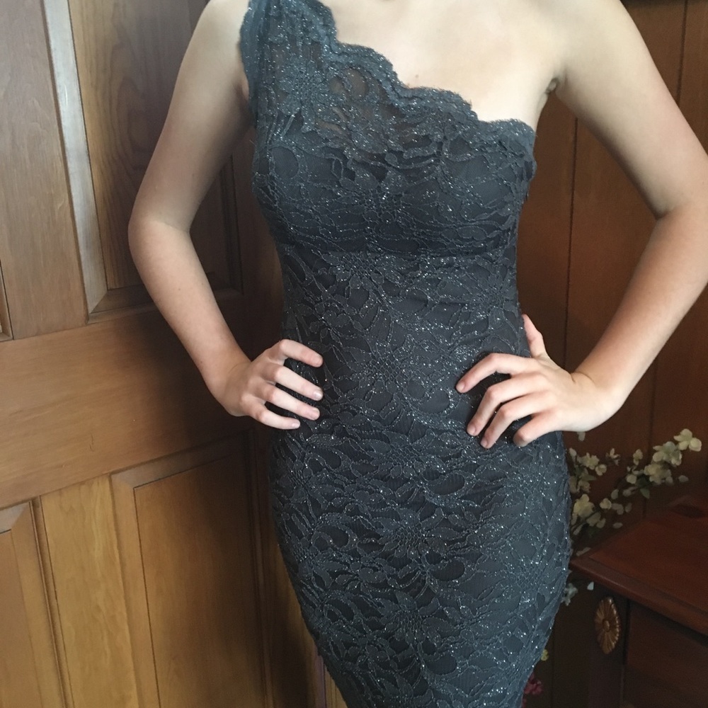 One shoulder lace sparkle silver dress